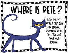 a blue cat with yellow eyes is in front of a black and white checkered sign that says, where is pete?