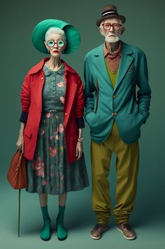 an old couple dressed up in costume for the photo shoot, standing next to each other