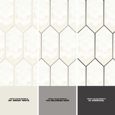 four different shades of gray and white wallpaper with hexagonal pattern in the background