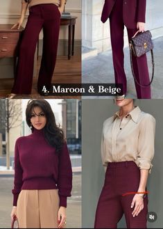 Maroon Formal Outfit, Red Wine Pants Outfit, Maroon And Cream Outfit, Maroon Trousers Outfits Women, Maroon Color Combinations Outfits, Color Combination For Clothes, Beige And Red Outfit, Burgundy Blazer Outfit Woman, Burgundy Blazer Outfit