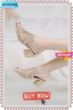 Woman Gold Open Toe Sandal Lace Square High Heel Sandals Open Toe Sandals, Heel Sandals, High Heel Sandals, High Heel, Open Toe, Sandals Heels, High Heels, Buckle, Sandals