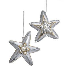 2 coordinating silver and gold starfish figurine ornaments on silver cord.  Embellished with glitter and beads. Christmas Tree Gold And Silver, Starfish Ornaments, Nautical Christmas Tree, Fantasy Beach, Christmas Tree Gold, Sea Starfish, Seashell Christmas Ornaments, Nautical Christmas, Beach Ornaments