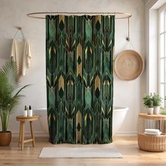 Add a touch of elegance to your bathroom decor with our Geometric Shower Curtain, featuring a stunning gold modern abstract Art Deco design. Perfect as a housewarming gift, this unique forest green shower curtain enhances any new home decoration with its chic and contemporary flair. 𝐃𝐄𝐓𝐀𝐈𝐋𝐒 ⭐100% Polyester ⭐71 in width x 74 in length ⭐Construction can lead to a size variance +\-2 in ⭐12 button holes ⭐Plastic shower lining not included ⭐Hooks not included ⭐Colors may appear different on di Hunter Green Bathroom Ideas, Colorful Boho Bathroom, Bathroom Decor Gold, Fantasy Bathroom, Bathroom Revamp, Art Deco House, Beach Art Deco, Botanical Bathroom, Green Shower Curtain