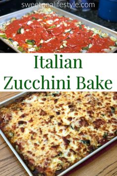 an italian zucchini bake in a pan on a wooden table with text overlay