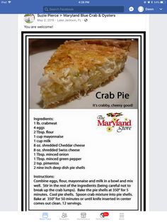 the recipe for crab pie on facebook is shown in this screenshoter's screen shot