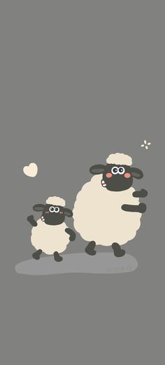 two sheep are standing in the middle of a gray background, one is white and the other is black