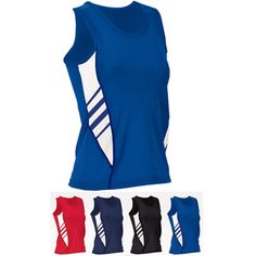 women's athletic tank top with side stripes in various colors and sizes, front view