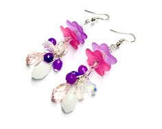 "These gorgeous beaded fuschia cluster earrings are truly stunning.  Fuschia colored flower beads are accented with clusters of faceted glass and gemstone beads, They also remind me of colorful jellyfish.  Earrings measure 2.5\" in length.  Though they are large and eye-catching, they are surprisingly lightweight and comfortable for all day wear." Pink Dangle Flower Earrings With Colorful Beads, Jellyfish Abstract, Unique Flower-shaped Beaded Earrings With Colorful Beads, Beaded Fuschia Flower Earrings, Pink Flower-shaped Jewelry With Dangling Beads, Jellyfish Earrings, Unique Multicolor Flower-shaped Beaded Earrings, Colorful Jellyfish, Flower Beads