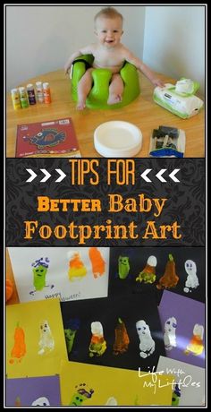 a baby sitting on top of a green potty chair next to paper cut outs