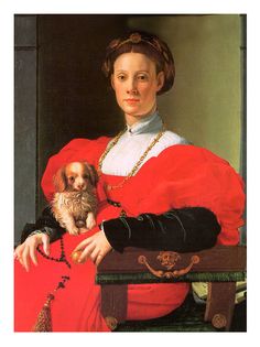 a painting of a woman holding a small dog