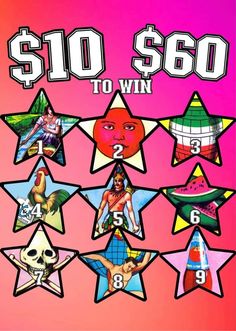 the poster for $ 10, 500 to win is shown in pink and blue colors