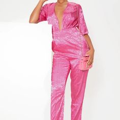 Pink / Fuchsia Plunge Neck Short Sleeve Satin Jacquard Jumpsuit Original Tags Still Attached From Prettylittlething Size 4 #Fashionnova #Plt #Prettylittlething #Pinkjumpsuit Glamorous Pink V-neck Jumpsuits And Rompers, Elegant Pink High-waist Jumpsuits And Rompers, Elegant High Waist Pink Jumpsuits And Rompers, Pink High-waist Jumpsuits And Rompers For Party, Pink High-waist Jumpsuit For Party, High Waist Pink Jumpsuit For Party, High-waist Pink Jumpsuit For Party, Pink Jumpsuit, Pink Satin