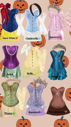 many different types of corsets with pumpkins in the background and words on them