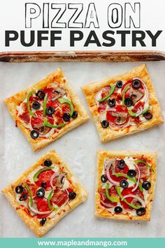 homemade pizza on puff pastry with olives and peppers