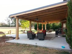 an outdoor covered patio with chairs and tables