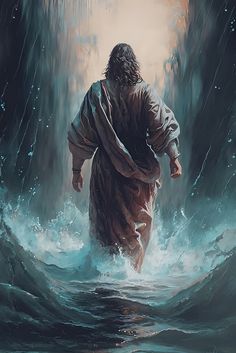 a painting of jesus walking in the water