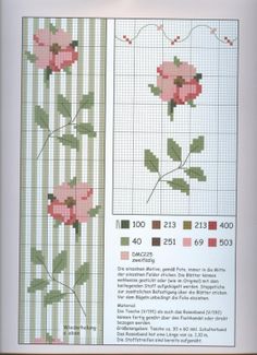 the cross stitch pattern has pink flowers on it