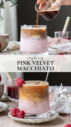 someone pouring liquid into a pink velvet macchiato