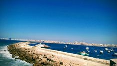 boats are in the water next to rocks on the shore and city skyline behind them