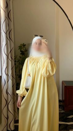 My ig: Neess_brand Yellow Dress Hijab, Yellow Floor-length Dress For Eid, Elegant Yellow Dress For Eid, Elegant Yellow Eid Gown, Yellow Abaya Hijab Styles, Dress With Hijab, Khimar Style, Muslim Outfit, Modest Hijab