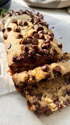 two pieces of chocolate chip banana bread