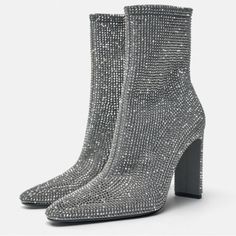 Zara Rhinestone Heeled Ankle Boots Rhinestone Details At Upper. Side Zip Closure, Block Heels, Pointed Toe * Size: 7.5 * Gray * Heel Height: 3.7” * (9.5 Cm) * Rhinestone Detail Metallic Ankle Boots, Knee Length Boots, Grey Heels, Leather Boots Heels, Leather Heeled Boots, Rhinestone Heels, Black Leather Heels, Zara Shoes, Thigh High Boots