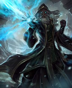 an image of a man with a beard and long white hair holding a blue flame in his hand