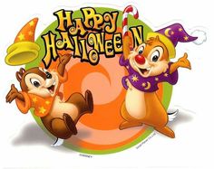 two cartoon animals are dancing together in front of a happy halloween sign