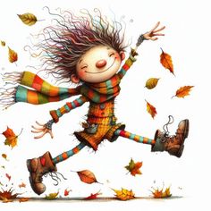 a drawing of a girl jumping in the air with autumn leaves around her and falling from her hair