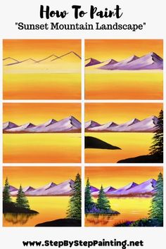 how to paint sunset mountain landscape with step by step painting instructions for kids and adults