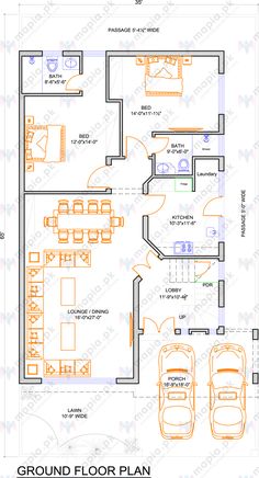 two bedroom house plan with garage and living room