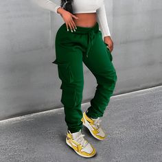 Hip Hop Street High Waist Pocket Cargo Sweatpants Green Tapered Leg Bottoms With Multiple Pockets, Green Winter Joggers, Green Joggers With Pockets For Fall, Green Bottoms With Multiple Pockets For Fall, Fall Green Joggers With Pockets, Sporty Green Pants With Hip Pockets, Green Sporty Pants With Hip Pockets, Sporty Green Pants With Side Pockets, Green Sporty Pants With Side Pockets