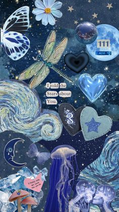 a collage of various items and words on a blue background with stars, clouds, and hearts