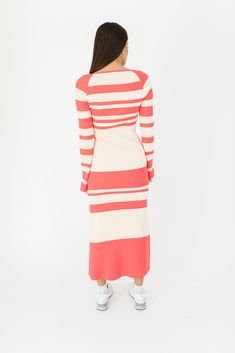 exclusive + essential, our bestselling zoco zoe knit dress is perfect for every season + occasion. it features a stunning sweetheart neckline, subtle bell sleeves + the most iconic cream + coral striped pattern. made with the most luxe stretchy ribbed material, it’s a long sleeve knit maxi dress that cinches + snatches any silhouette. a must-have for family pictures, formal date nights, + everything in between. cream + coral // maxi length, wide sweetheart neckline, ribbed, open bell sleeves pai Cute Outfits For Winter, Long Sleeve Knit Maxi Dress, High Low Fashion, Caroline Dress, Long Sleeve Striped Dress, Winter Styling, Cool Girl Outfits, Feminine Outfits, Fashion Feminine