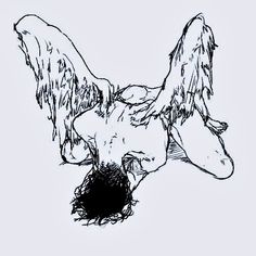 a black and white drawing of an angel laying down on the ground with its wings spread out