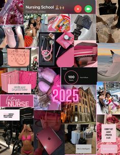 the collage shows many different items in pink and black, as well as pictures of people