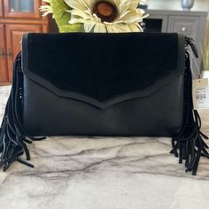 This Is A Gorgeous Brand New Clutch And Crossbody. Can Use It Without The Straps At Night And With Straps Day Time, As You Prefer! Has Tossel Details On Both Sides, Zip And Flap Closure And Flap Is Faux Suede. 12” W X 8” H. Black Satchel Clutch For On-the-go, On-the-go Black Satchel Clutch, Black Satchel Clutch, Black Clutch Bag For Errands, Black Clutch For Errands, Black Clutch Bag With Magnetic Closure, Plus Boho, Jeans Plus Size, Plus Size Style