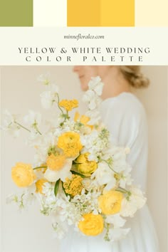 a woman holding a bouquet of yellow and white flowers in front of a color palette