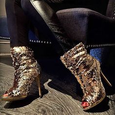 These boots are full of golden sequins.A luxury gift for all shoes lovers.Material inside adopted with PU leather has a good breathable and absorbent function. Handcrafted US sizing. Fits true to size. Heel Height: 4.72" / 120 mm approx Product measurements were taken using size 8. Please note that measurements may vary by size. Gold Glitter Shoes, Club Dancing, Dancing Club, Golden Shoes, Sequin Boots, Slouch Boots, Club Music, Costumes Ideas, Slouched Boots