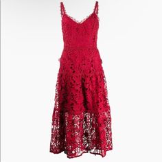 Nwt This Midi-Length Lace Dress Is A Summer Party's Dream. The Midi Hem Is Perfect For Afternoon Wear, And The Sleeveless Design Is Sure To Keep You Cool. This Dress Features Scalloped Lace Across The Straps And Neckline And The Skirt Is Cut Into An A-Line, Striking The Perfect Balance Between Maturity And Delight. Wine Red V-Neck Sleeveless Open Back Concealed Rear Zip Fastening Guipure Lace A-Line Skirt Curved Hem Below-Knee Length Polyester 92%, Lurex 8% Dry Clean Formal Dress, Sophisticated Red Lace A-line Dress, Red A-line Lace Dress, Elegant Red Lace Midi Dress, Elegant Red Lace Cocktail Dress, Chic Red Lace Midi Dress, Red Lace Midi Dress For Summer, Elegant Red Lace Dress For Summer, Elegant Red Lace Summer Dress, Elegant Red Lace Dress For Date Night