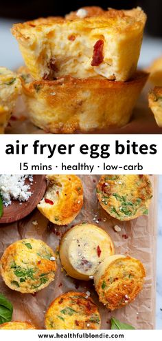 two different pictures with the words air fryer egg bites on them and an image of mini