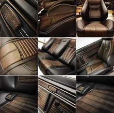 the interior of a car with brown leather and black stitching, including two rows of seats