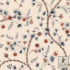 a floral wallpaper with blue and red flowers