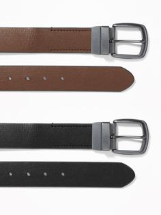 "Reversible faux-leather belt is dark brown on one side, black on the other.  Metal buckle.  Measure around the narrowest part of your natural waist.  Keep a finger between your body and the measuring tape for an accurate fit.  synthetic materials 10 Belt Brown, Old Navy Men, Reversible Belt, Faux Leather Belts, Synthetic Materials, Measuring Tape, Metal Buckles, Belt Size, Mens Belts