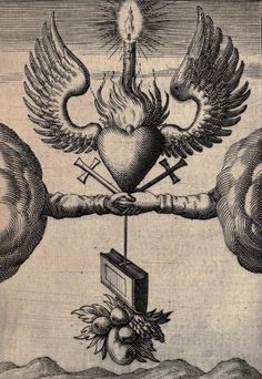 an image of a heart with wings and arrows on it, surrounded by other objects