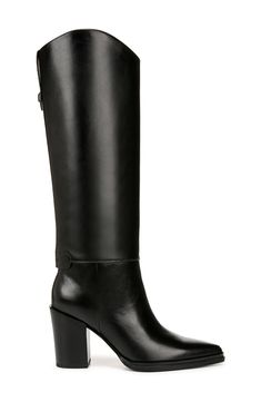 Offering an elevated take on classic Western style, this knee-high leather boot with an almond toe and block heel makes a stunning addition to any wardrobe. 3 1/4" heel 15 1/2" shaft; 15" calf circumference Side zip closure Leather upper/synthetic lining and sole Imported Knee-high Boots With Block Heel For Work, Workwear Knee-high Boots With Block Heel And Leather Lining, Classic Knee-high Boots With Block Heel For Business, Elegant Wide Calf Knee-high Boots With Stacked Heel, Classic Formal Mid-calf Boots With Block Heel, Classic Knee-high Boots With Stacked Heel, Luxury Block Heel Knee-high Boots For Fall, Calf Leather Knee-high Boots With Block Heel For Work, Luxury Knee-high Boots With Block Heel For Fall