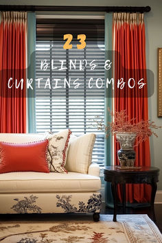 a living room filled with furniture and red drapes on the window sill next to a white couch