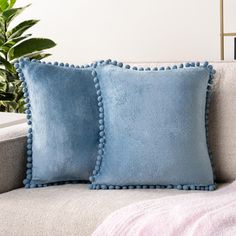 two blue pillows sitting on top of a white couch next to a potted plant