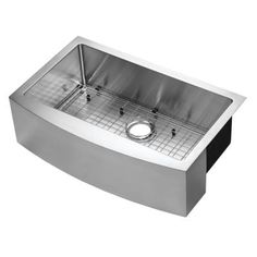 a stainless steel kitchen sink with grids on the bottom and drain, in front of a white background