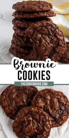 chocolate brownie cookies stacked on top of each other with the title in the middle